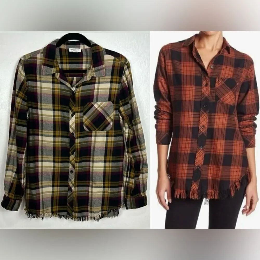Beachlunchlounge Plaid Frayed Hem Long Sleeve Button Down Shirt Size M
